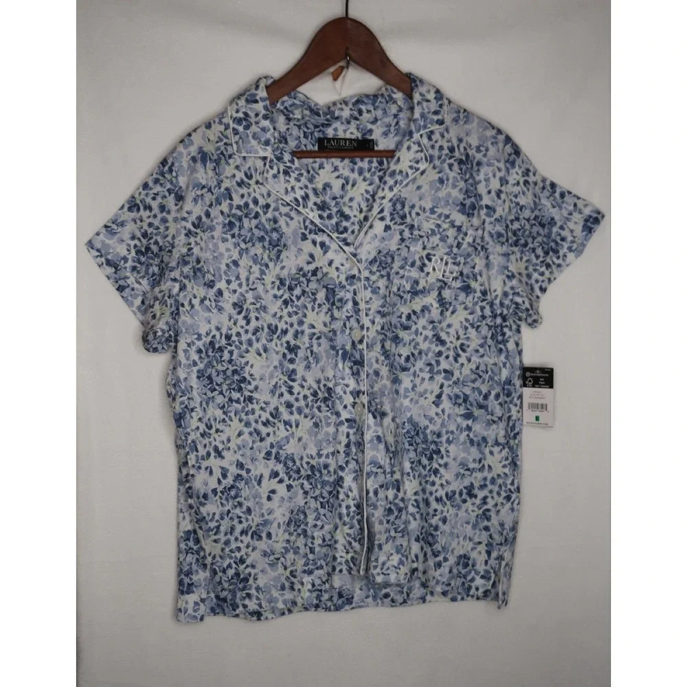 Lauren Ralph Lauren Womens L Blue Floral Button Front Pajama Top Shirt NWT